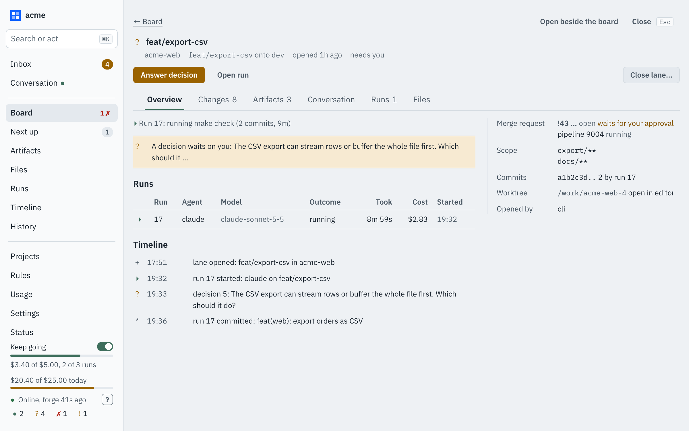 A lane opened as a page: header, tabs for Overview, Changes, Artifacts, Conversation, Runs and Files, its runs and timeline, and the merge request beside them