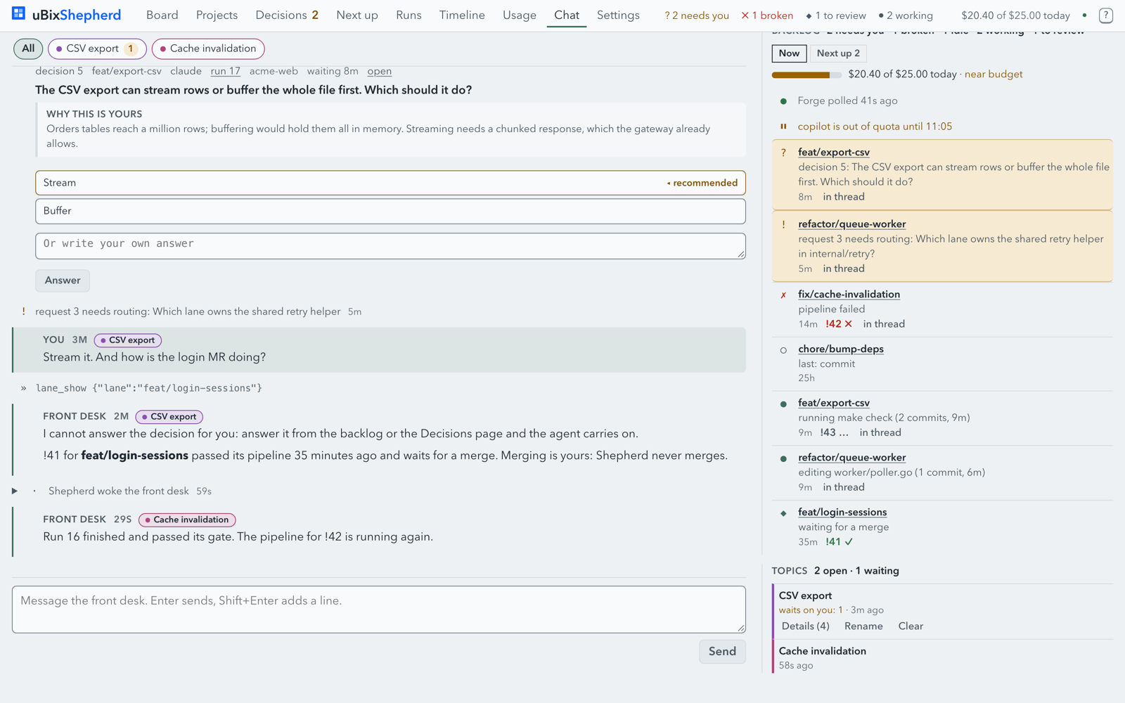 The chat page: a front-desk thread with topic pills, a decision to answer, and the backlog rail with its topics
