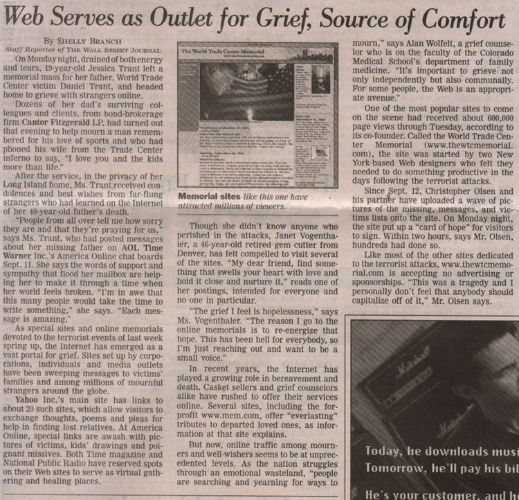 Wall Street Journal article clipping — Web Serves as Outlet for Grief, Source of Comfort
